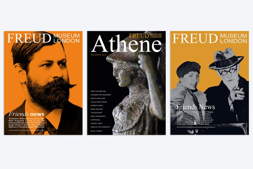 'Frend’s News' 2017, 2018 and 'Athene' 2019 annual museum magazines | graphic design | © The Freud Museum London